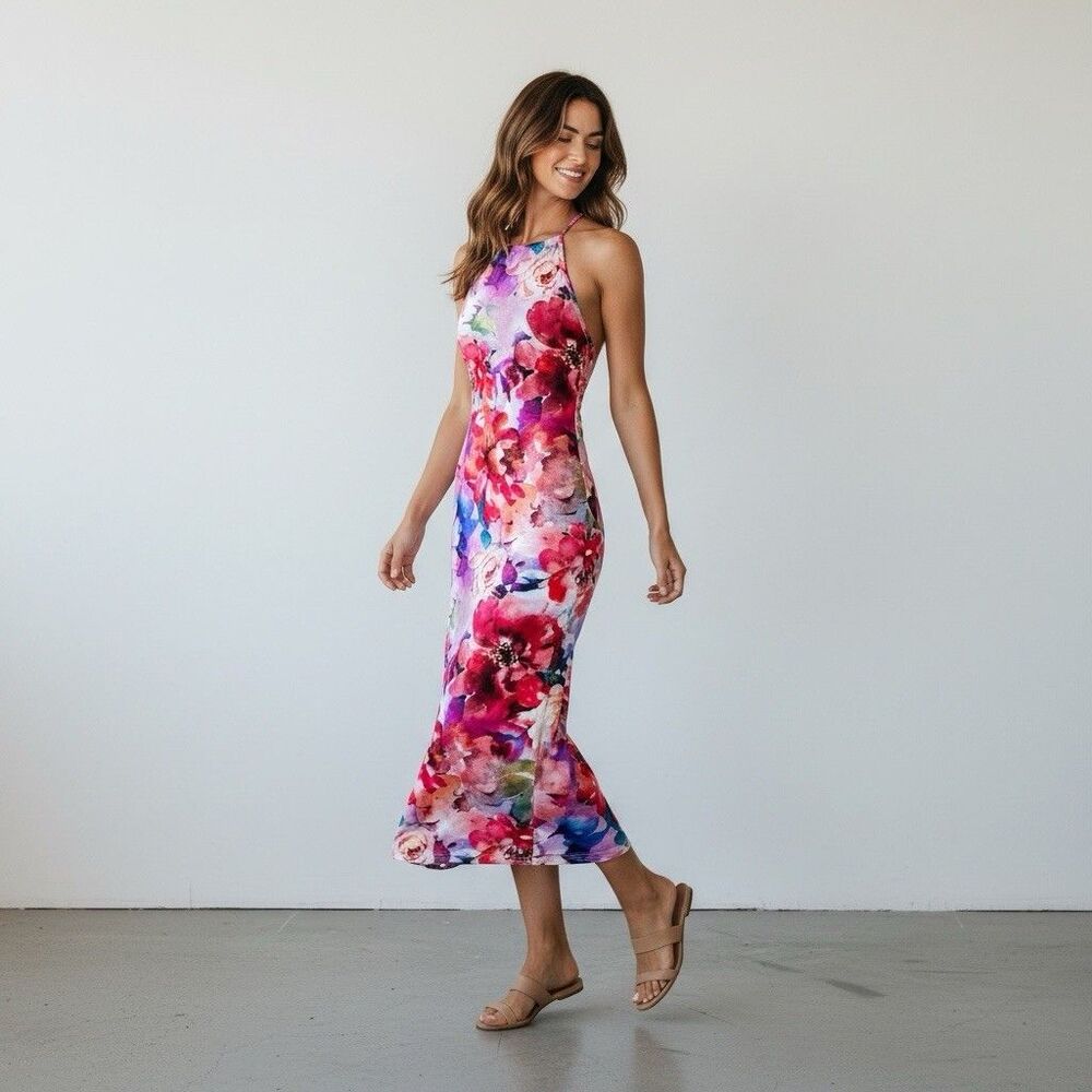 Bebe Midi Sun Dress Sz S Floral Water color Multi Boho Romantic Euro Vacation